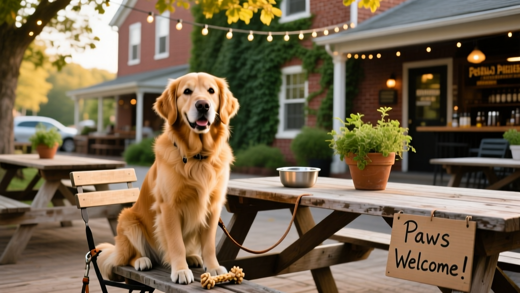 A golden retriever sitting beside a picnic table outside a dog-friendly Portland brewery with outdoor seating