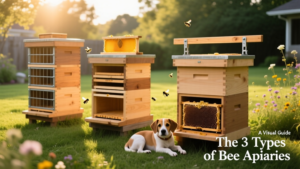 A serene backyard apiary with three different hive styles visible side by side
