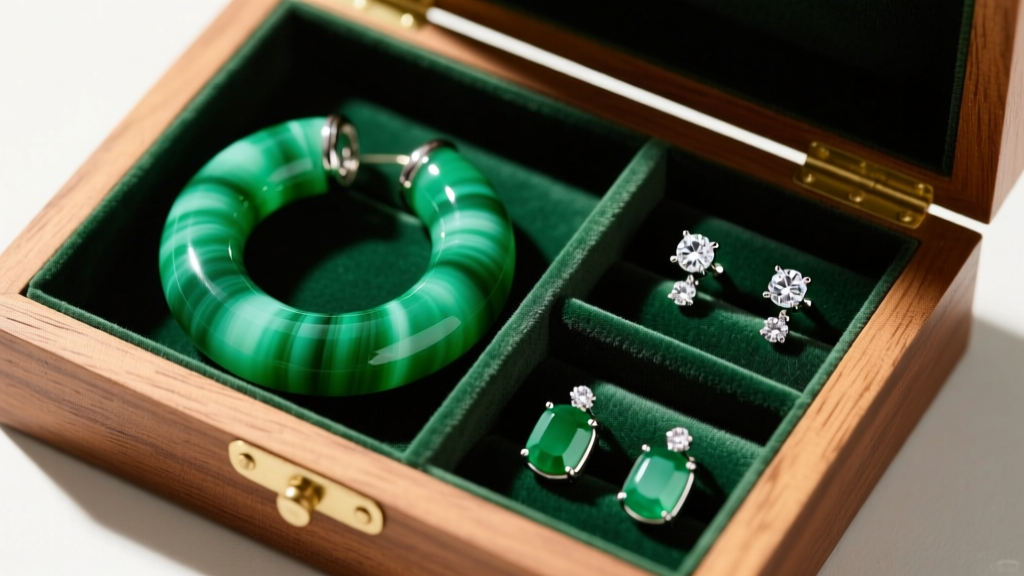 Overhead view of a wooden box with velvet slots, storing large green chrysoprase hoops safely separated from diamond stud earrings