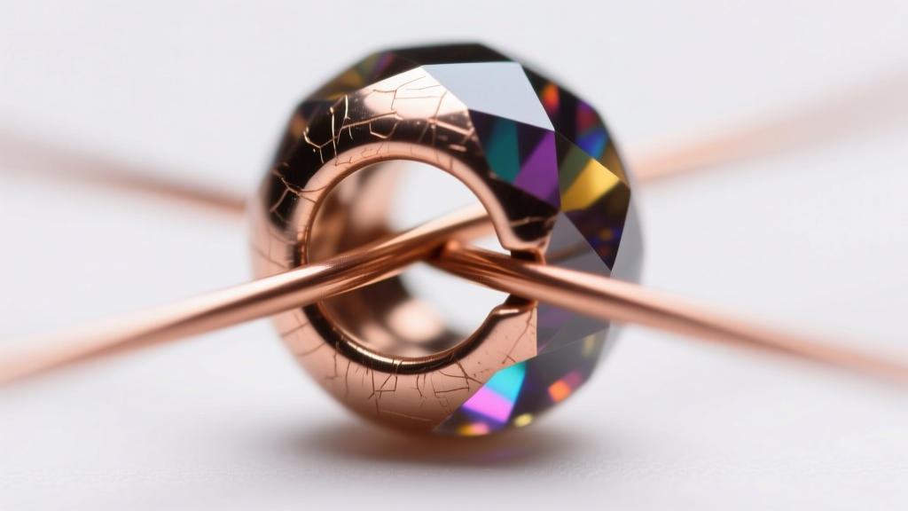 Macro view of a 0.8mm gemstone bead hole threaded with 22-gauge copper wire, showing tight clearance and bright metallic texture