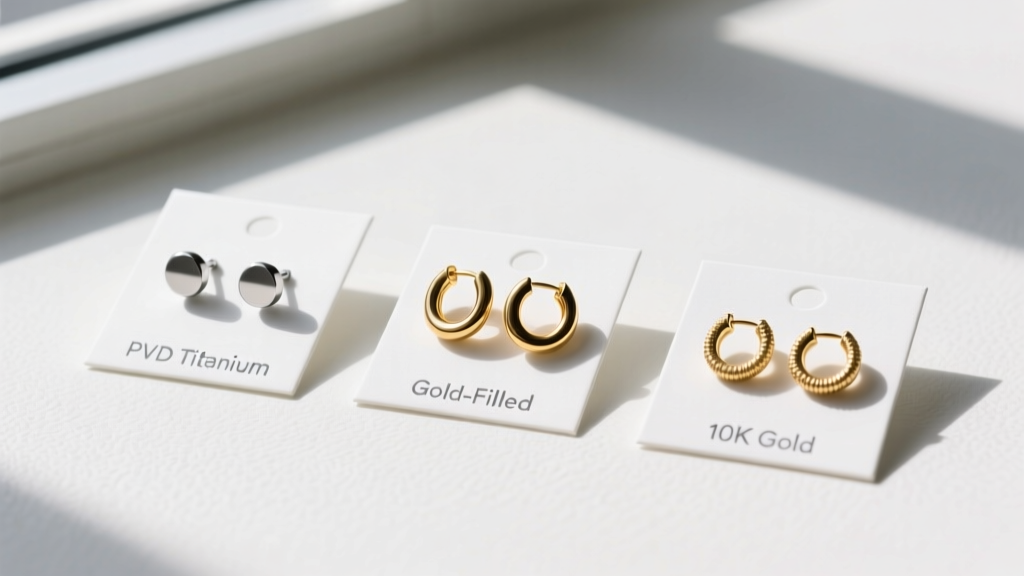Flat lay of three earring pairs: PVD titanium studs, gold-filled huggies, and 10k gold hoops, each placed on a small white tag.