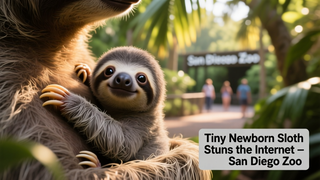 Close-up of a baby sloth clinging to its mother's chest at the San Diego Zoo