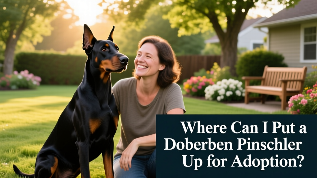 A calm, well-groomed Doberman Pinscher sitting beside a smiling adult in a sunlit backyard