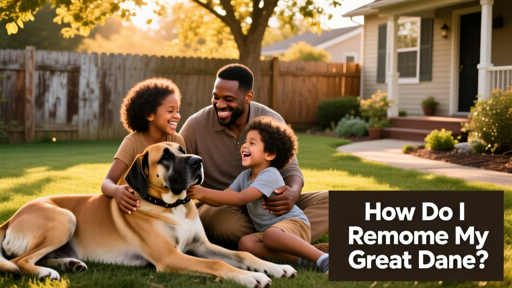 A family playing gently with a Great Dane in a fenced yard, showing clear bonding and comfort