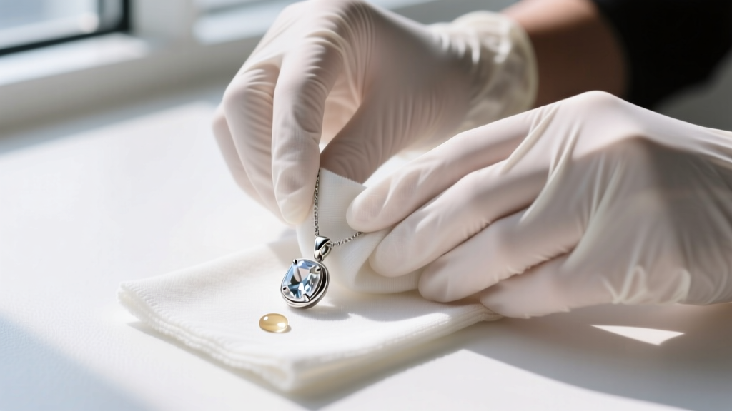 Hands in nitrile gloves gently wiping an RMN necklace pendant with a microfiber cloth and specialized resin-safe jewelry cleaner