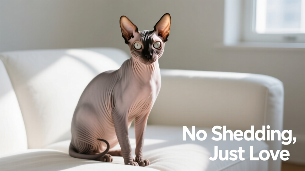 Sphynx cat sitting calmly on a clean white sofa, showing smooth skin and alert expression