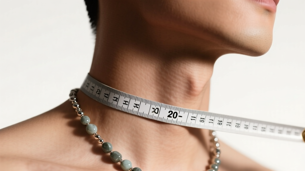 Macro view of a measuring tape wrapped around a male neck to find the exact 20-inch drop length for a custom stone bead necklace