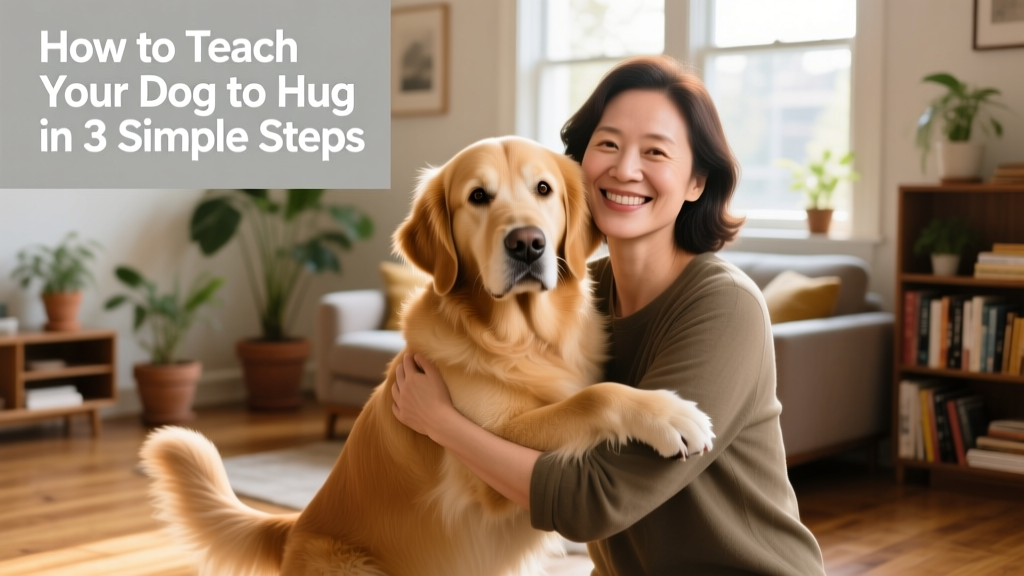 Dog standing calmly beside owner, front paws lightly resting on owner's upper arms in a gentle, balanced hug pose