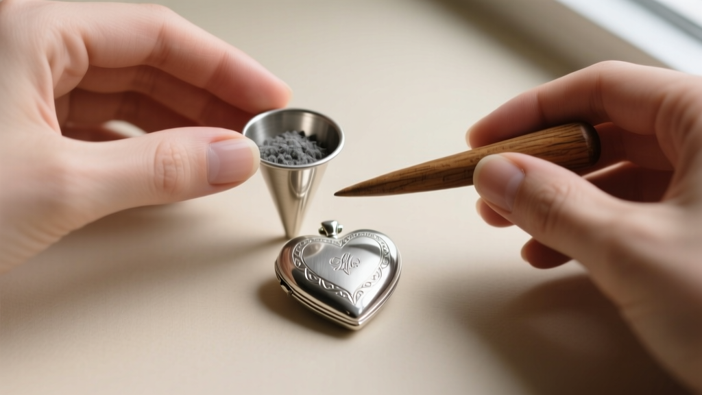 Hands using a small metal funnel and wooden tool to transfer fine grey cremation ashes into a hollow sterling silver heart locket.