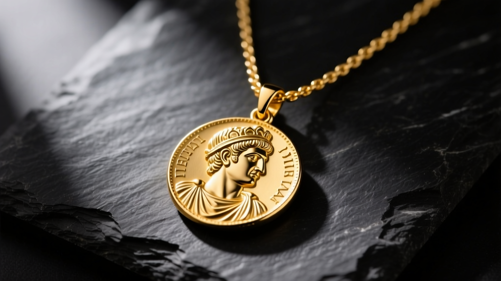 Close-up of an 18k yellow gold necklace with a high-relief Roman emperor coin pendant resting on dark slate