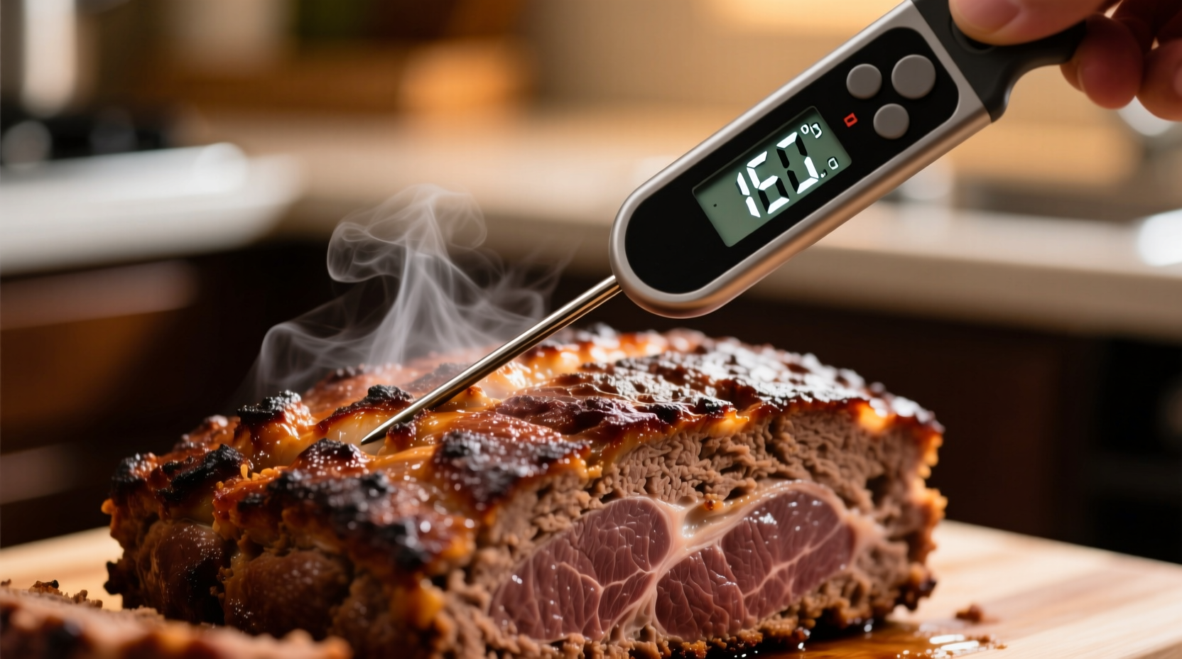 Meat thermometer showing 160 degrees in cooked meat loaf