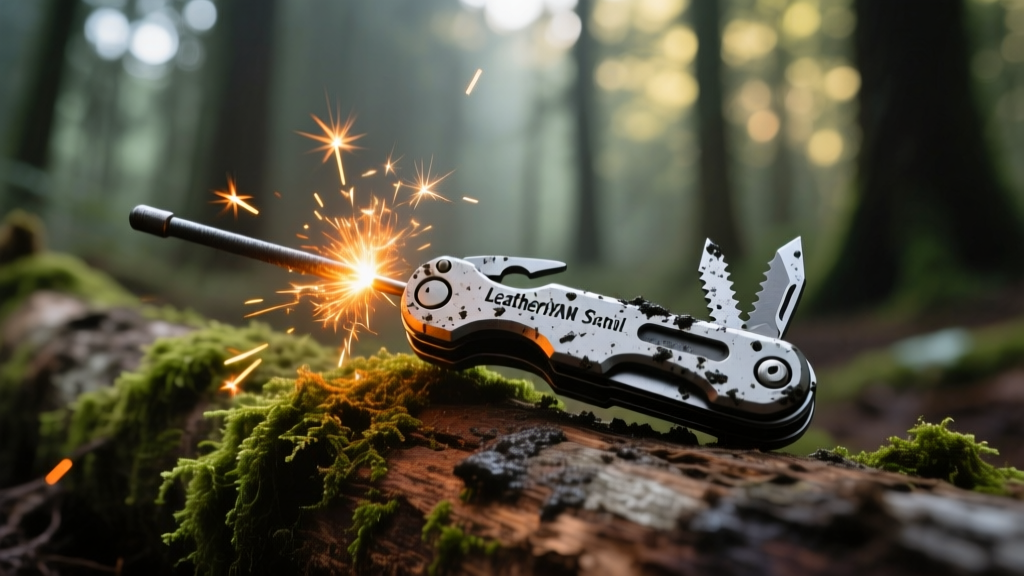 Close-up of a mud-splattered Leatherman Signal multi-tool resting on a mossy log with a ferrocerium rod sparking brightly.