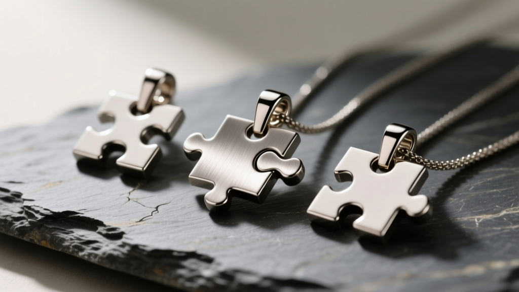 Three separate titanium puzzle pendants resting on textured slate, soft directional lighting highlighting the brushed metal finish.