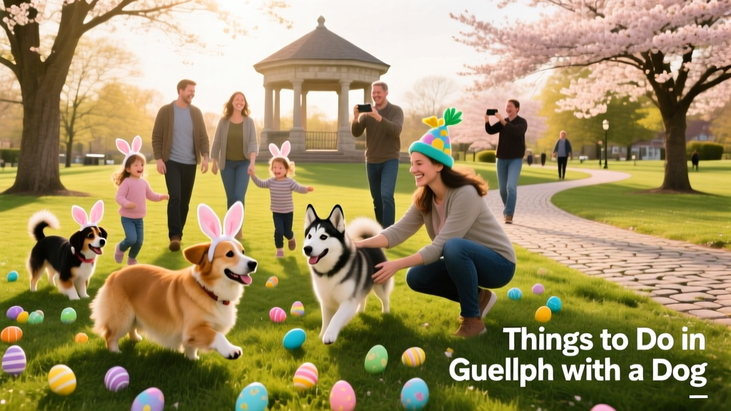 Dogs and their owners participating in a joyful Easter-themed event at a Guelph park