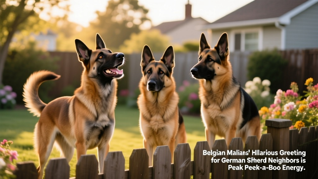 Side-by-side portrait of a Belgian Malinois and two German Shepherds calmly interacting at a shared fence line, tails wagging