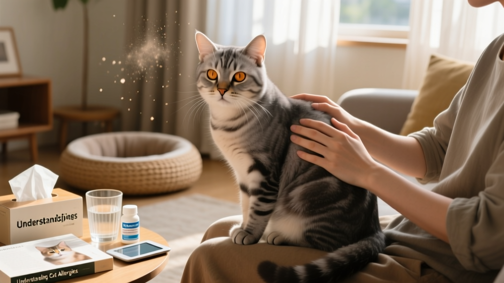 Grey cat sitting calmly on a person's lap