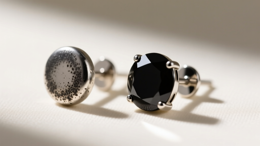 Macro photo comparing an oxidized silver black stud earring and a black rhodium stud, showing matte and reflective textures.