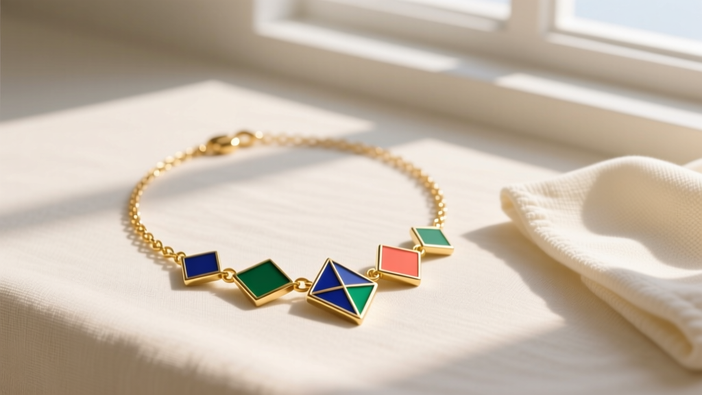 Flat lay of a gold-tone Wanderer necklace with geometric enamel pendants on cream linen next to a microfiber cloth