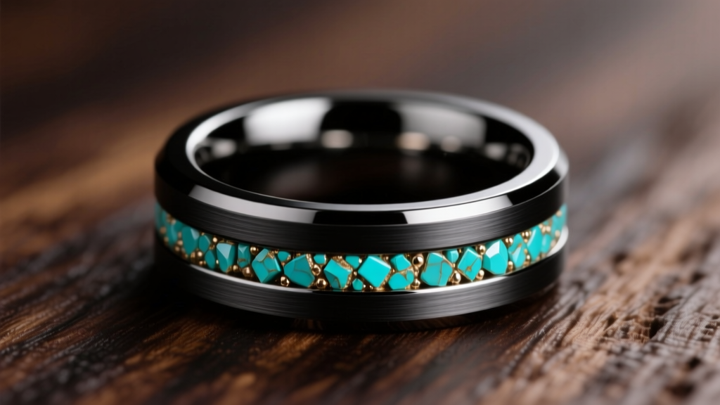 A masculine tungsten carbide wedding band with an inlaid channel of crushed turquoise birthstone, shown against dark walnut wood.