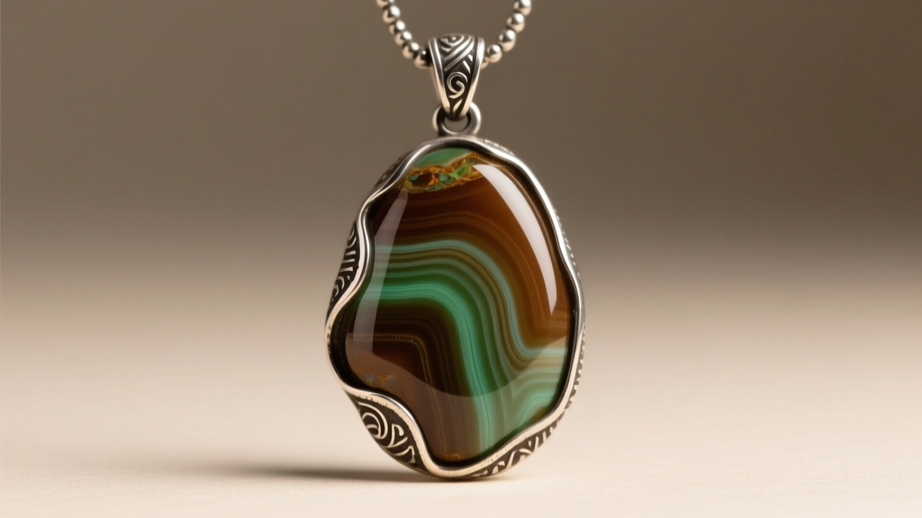 Polished Indian agate cabochon pendant in oxidized silver showing earthy brown and moss-green banding under soft studio light.