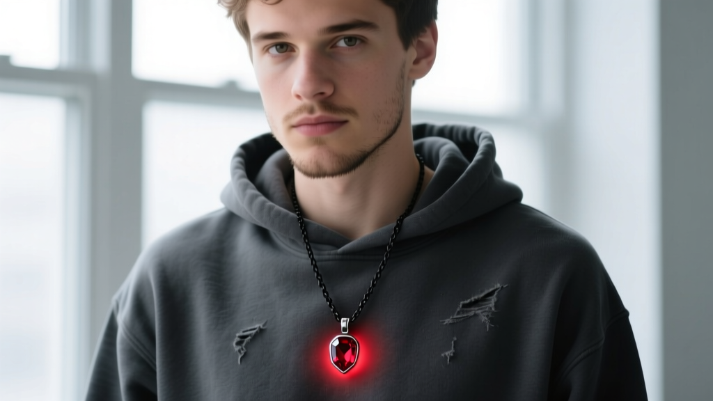 A male gamer wearing a subtle, dark-oxidized silver pendant with a glowing red ruby on a black chain over a dark grey hoodie.