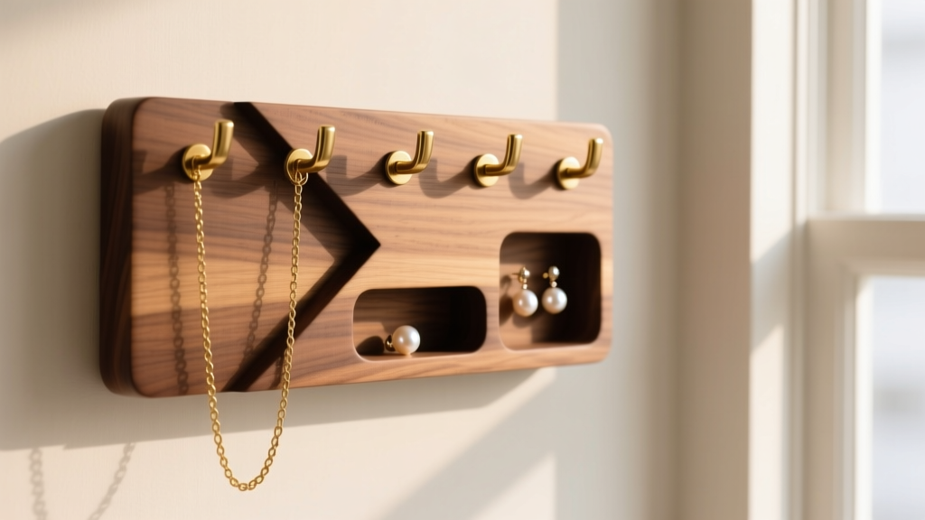 Wall-mounted DIY walnut wood jewelry organizer with brass hooks holding gold chains and pearl earrings on a cream wall