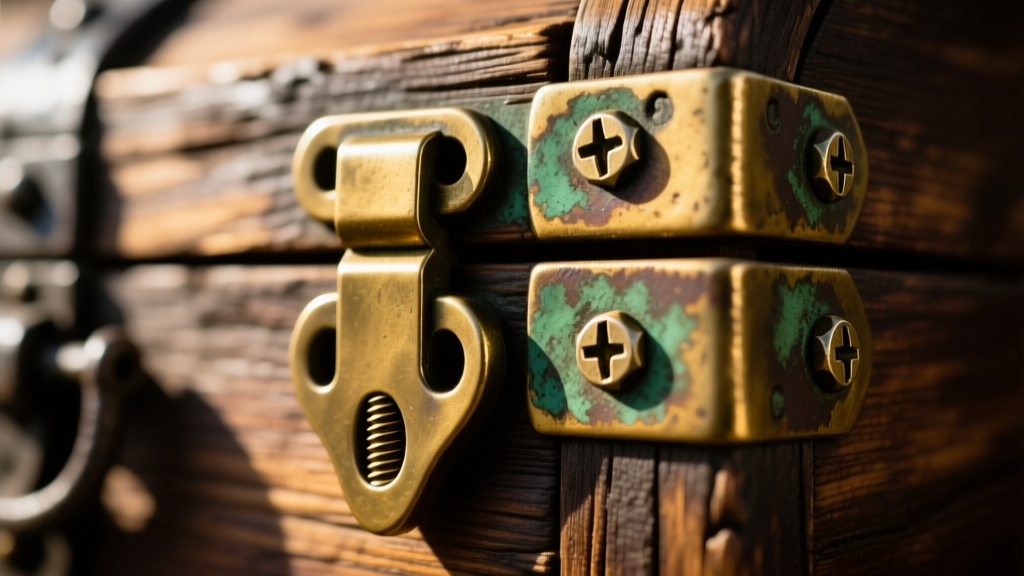 Macro shot of solid cast brass hinges on a wooden pirate chest, highlighting rich patina, heavy screws, and dovetail wood joints.