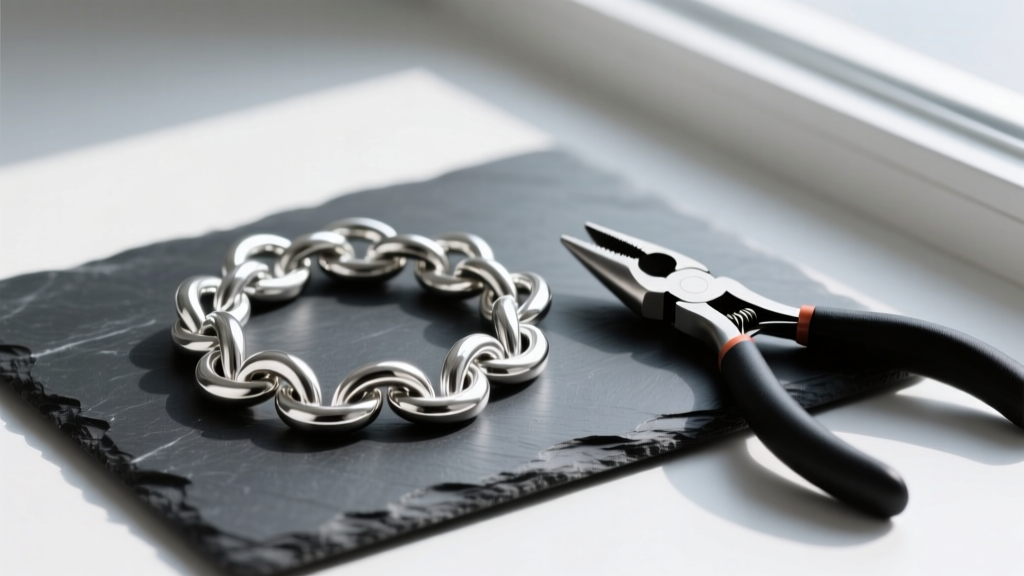 Silver aluminum jump rings in a European 4-in-1 weave resting on a dark slate cutting mat alongside flat nose jewelry pliers.