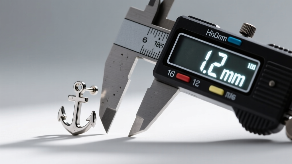 Close-up of a matte titanium anchor stud earring beside a digital caliper measuring a precise 1.2mm 16-gauge post thickness