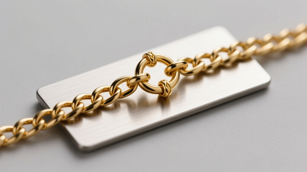 Macro shot of a 1.2mm gold wheat chain and clasp on a nameplate, highlighting detailed link weaving and polished metal texture