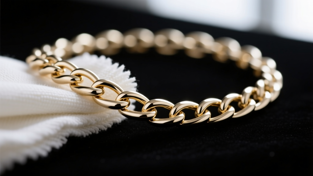 Microfiber cloth buffing a reflective 14k white gold chain, capturing the bright metallic luster against a dark velvet background