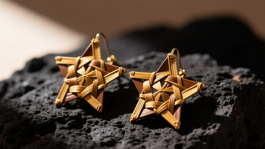 Close-up of golden-brown lauhala earrings on dark rock, highlighting the intricate geometric star pattern of the woven hala leaves.