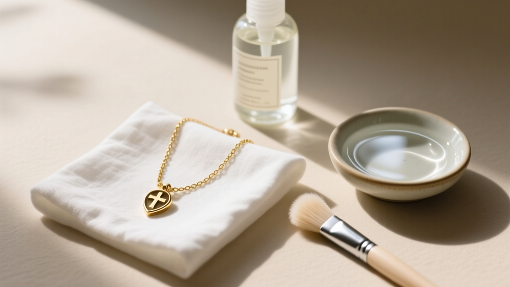 Overhead view of a cleaning station with mild soap, distilled water, and a soft brush next to a gold cremation ash necklace