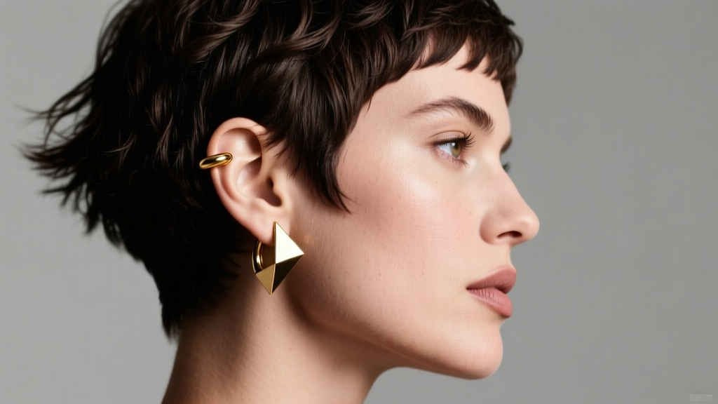Side profile of a woman with a textured pixie cut wearing a 14k gold helix hoop and geometric lobe stud under soft studio lighting