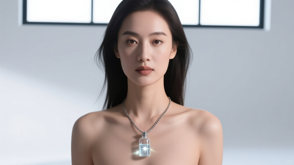 Woman wearing a titanium chain necklace with a glass vial pendant, natural daylight, clean minimalist aesthetic, sharp focus