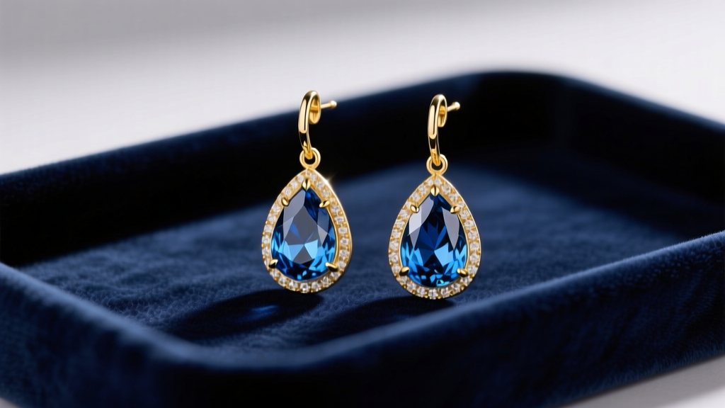 18k yellow gold drop earrings with pear-cut London blue topaz gems on a dark navy velvet tray under soft studio lighting