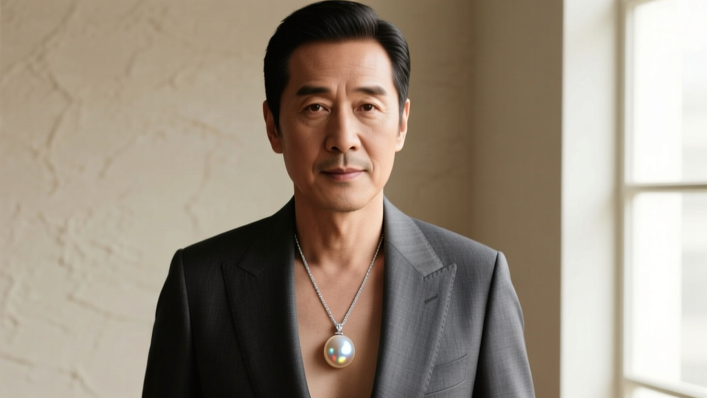 Medium portrait of a man in a tailored charcoal suit wearing a single large white South Sea pearl pendant on a thin platinum chain