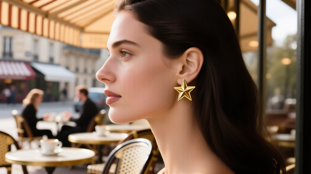 Side profile of a woman wearing a small gold-plated star earring on her upper ear cartilage, blurred Parisian cafe background.