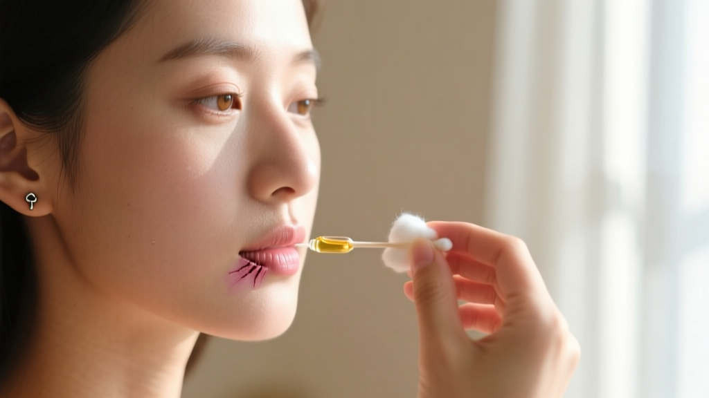 Woman applying sterile jojoba oil to a healed cartilage piercing using a clean cotton applicator in soft, natural window light.