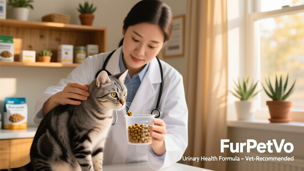 A veterinarian examining a cat while holding a small sample of FurPetVo urinary health dry food in a measuring cup