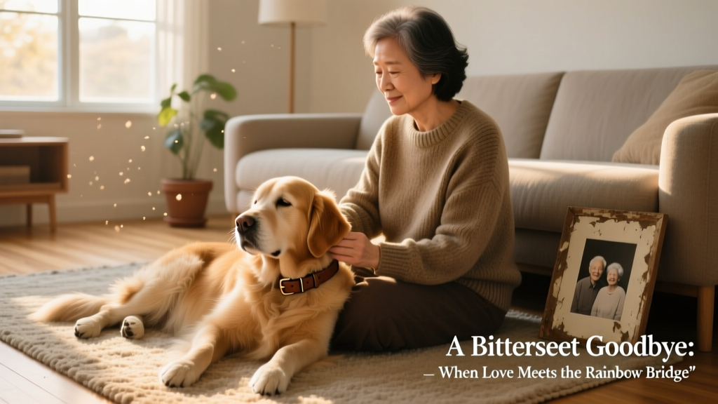 Senior Golden Retriever lying peacefully beside his owner on a sunlit living room rug, head resting gently on their lap