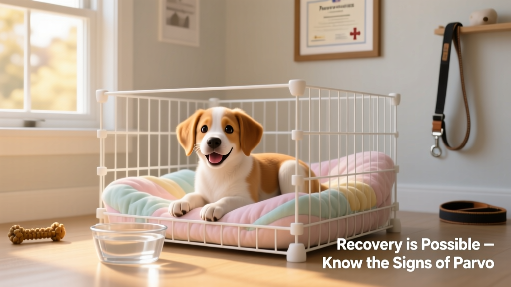 A happy, recovering puppy resting comfortably in a clean crate with soft bedding and a water bowl nearby