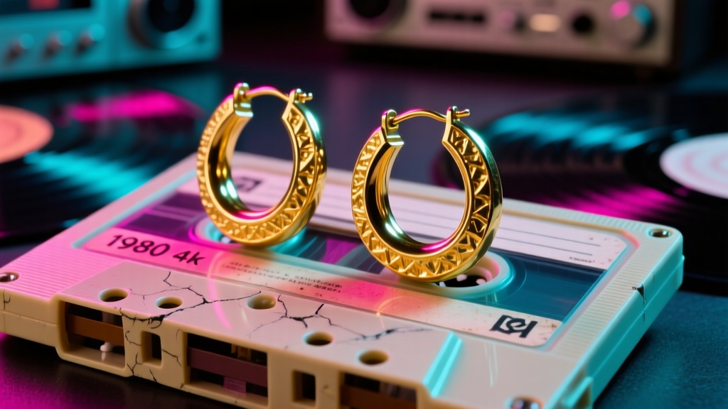 Close-up of vintage 1980s 14k yellow gold thick hoop earrings resting on a faded cassette tape case, moody neon lighting