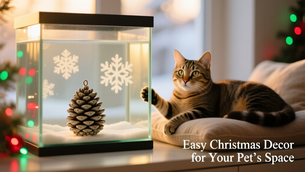A well-lit aquarium with gentle red-and-green LED lighting, a ceramic pinecone ornament, and a subtle snowflake background