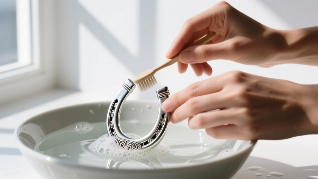Hands cleaning a silver horseshoe pendant with a soft toothbrush in a bowl of soapy water under bright natural window light.