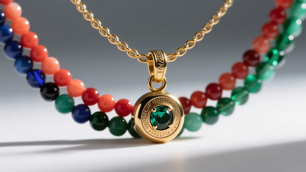 Close-up of custom brass counterweight charm on the nape of a multi-strand bead necklace, showing reinforced jump ring connection