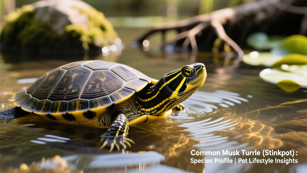 Close-up of a common musk turtle swimming in shallow, clear water with visible yellow neck stripes