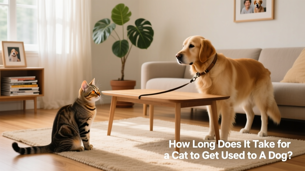 A calm cat observing a leashed dog from a safe distance in a living room setting
