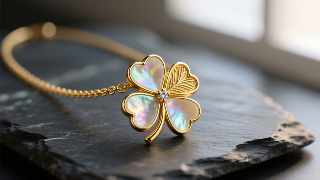 Macro shot of a clover looking necklace with iridescent mother of pearl inlay set in 18k yellow gold on dark slate stone