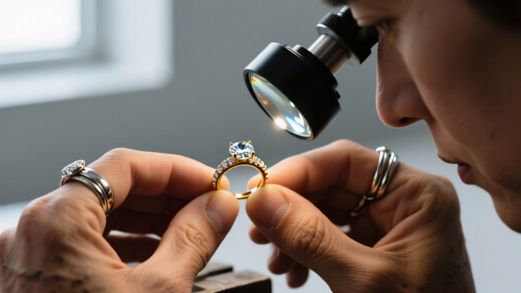 Macro photography of a jeweler's loupe magnifying a tiny 18k hallmark stamped inside a polished yellow gold wedding band ring